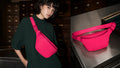 Hot-pink Eleanor University crossbody bag shown worn and in detail