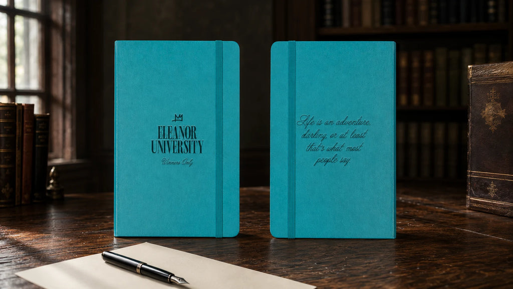 Front and back of turquoise Eleanor University Winners Only notebooks