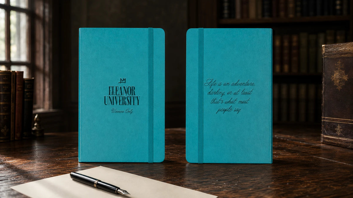 Front and back of turquoise Eleanor University Winners Only notebooks