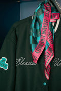 The turquoise and forest-green checked Eleanor University scarf with its pink lettered border, draped over the varsity jacket