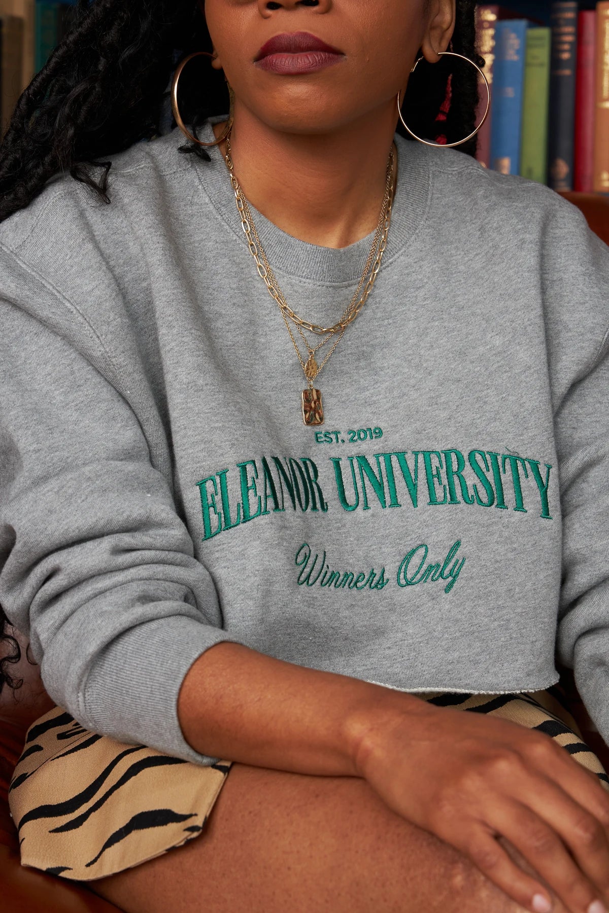 Grey Eleanor University sweatshirt with green Winners Only embroidery